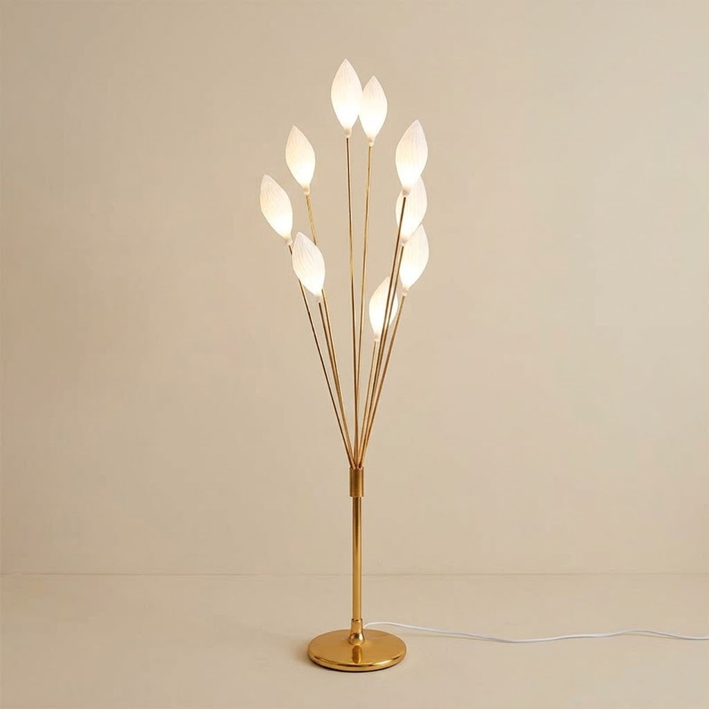 Modern 9-Head Gold Floor Lamp with Leaf-Shaped LED Shade