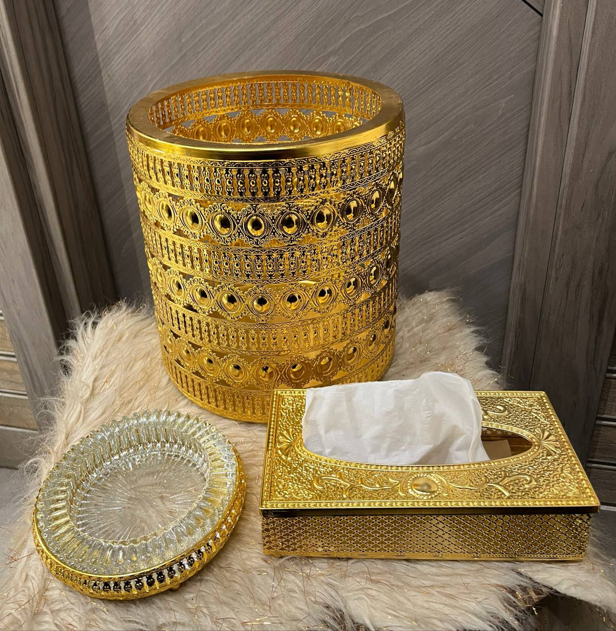 طقم الفخامة الذهبي المستورد (باسكت + علبة مناديل + طفاية) | Luxury Gold Home Decor Set