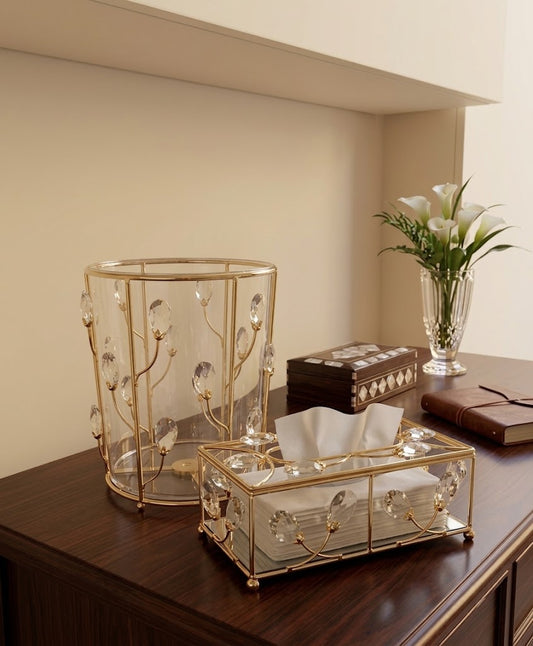 Luxury Crystal Glass Tissue Box & Trash Can Set - Gold