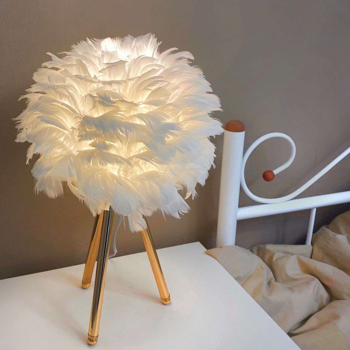 Luxury White Feather Table Lamp with Gold Tripod Base