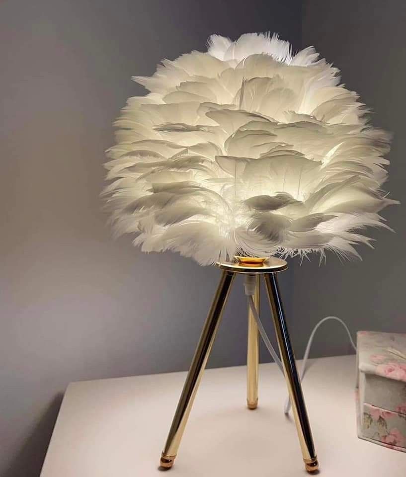 Luxury White Feather Table Lamp with Gold Tripod Base