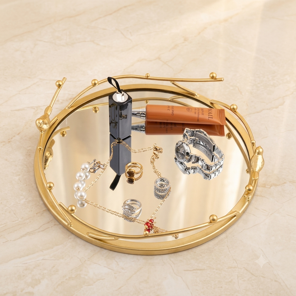 Birds Golden Mirror Tray - 28 cm