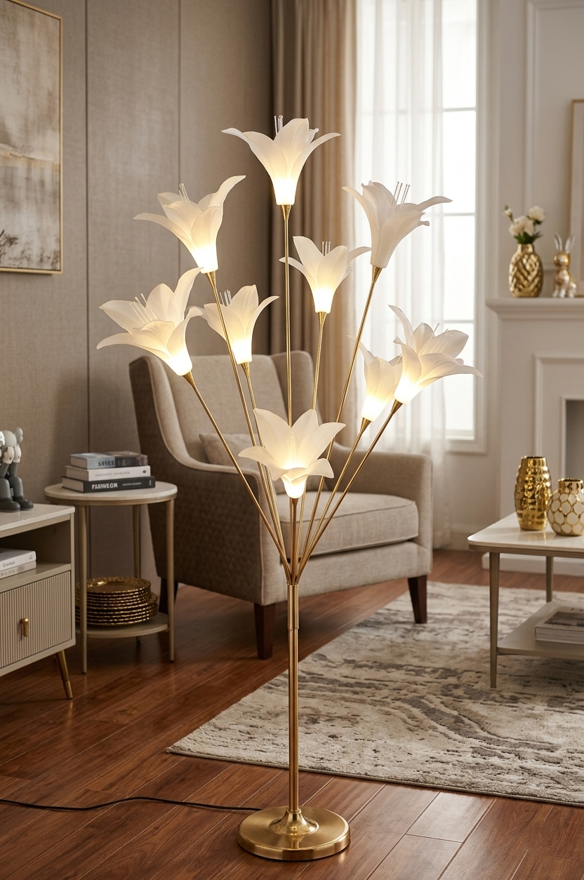Luxury Gold Floor Lamp with 9 Tulip Blossoms