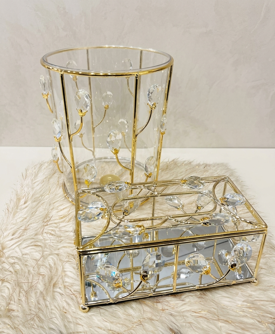 Luxury Crystal Glass Tissue Box & Trash Can Set - Gold