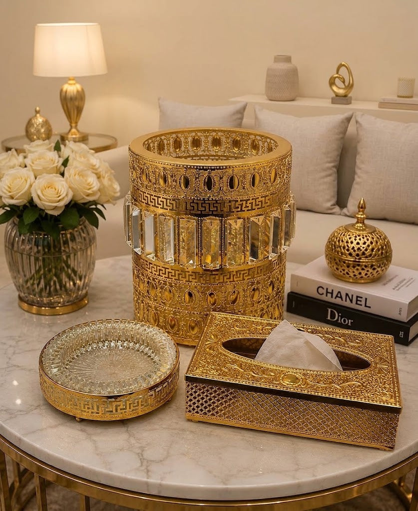 طقم الفخامة الذهبي المستورد (باسكت + علبة مناديل + طفاية) | Luxury Gold Home Decor Set