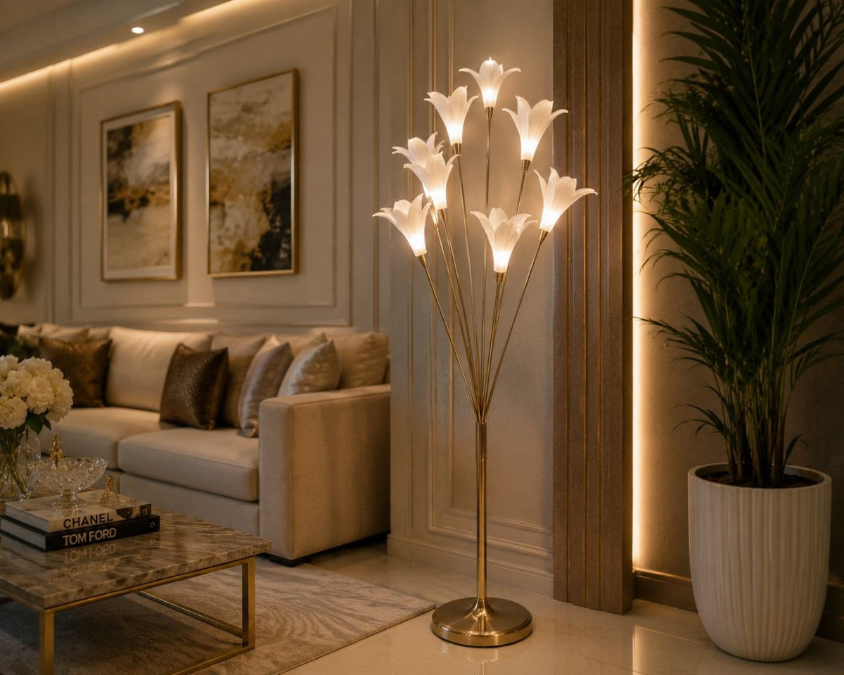 Luxury Gold Floor Lamp with 9 Tulip Blossoms