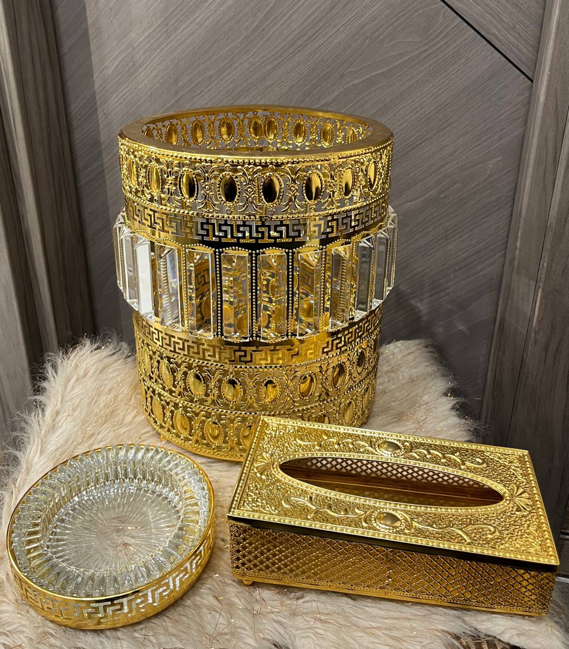 طقم الفخامة الذهبي المستورد (باسكت + علبة مناديل + طفاية) | Luxury Gold Home Decor Set