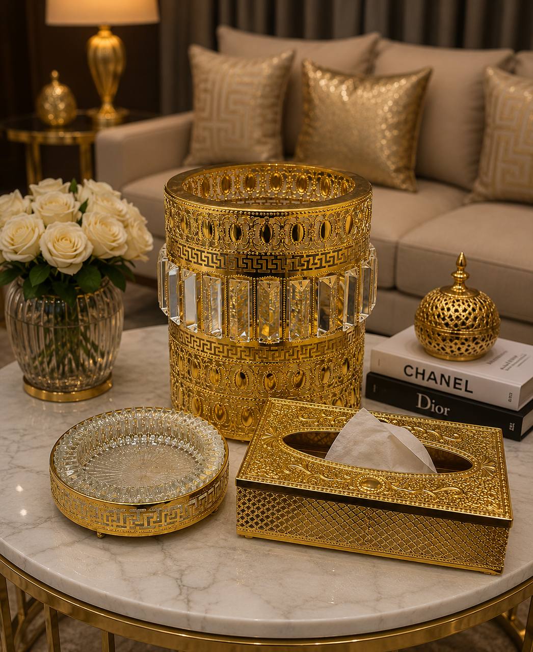 طقم الفخامة الذهبي المستورد (باسكت + علبة مناديل + طفاية) | Luxury Gold Home Decor Set