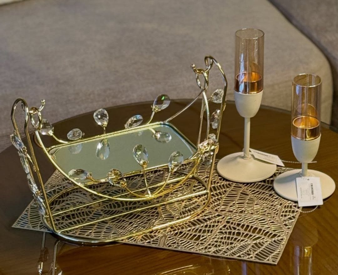 Luxury Gold Crystal Serving Tray + Free  Ashtray Gift | شيالة ضيافة ذهبية مرصعة بالكريستال + طفاية غزاله هدية مجانية